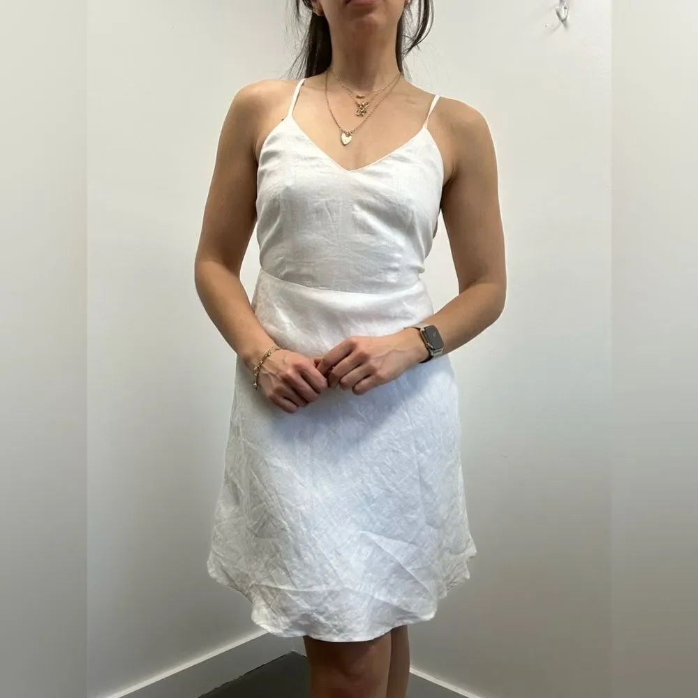 Azulu White Linen Open back Cross Strappy Back Mini Dress A-line Skirt Size 2 - Picture 4 of 12